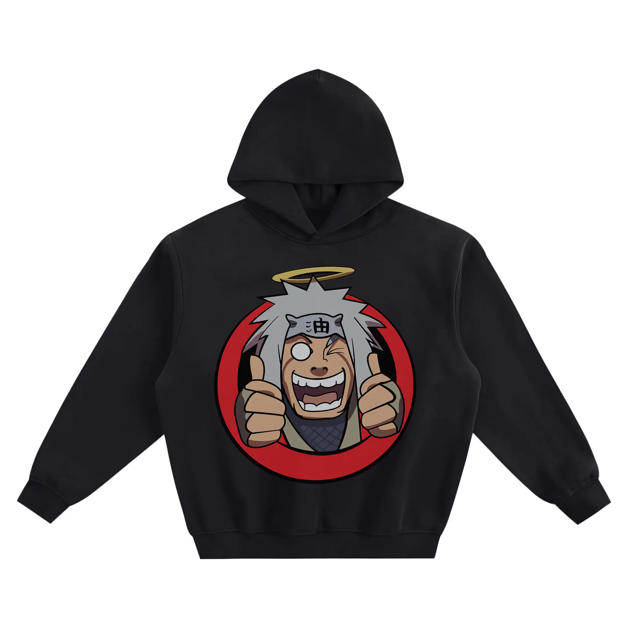 Jiraiya Graphic Hoodie – Halo Double Thumbs-Up Portrait featuring Jiraiya winking and grinning with both thumbs raised inside a red circle.