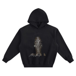 Front: ASAP Rocky Big Face Hoodie graphic showing a close-up portrait with braided hair, ringed hands covering the face, a red nail accent, and a large “ASAP Rocky” signature on a black hoodie.
