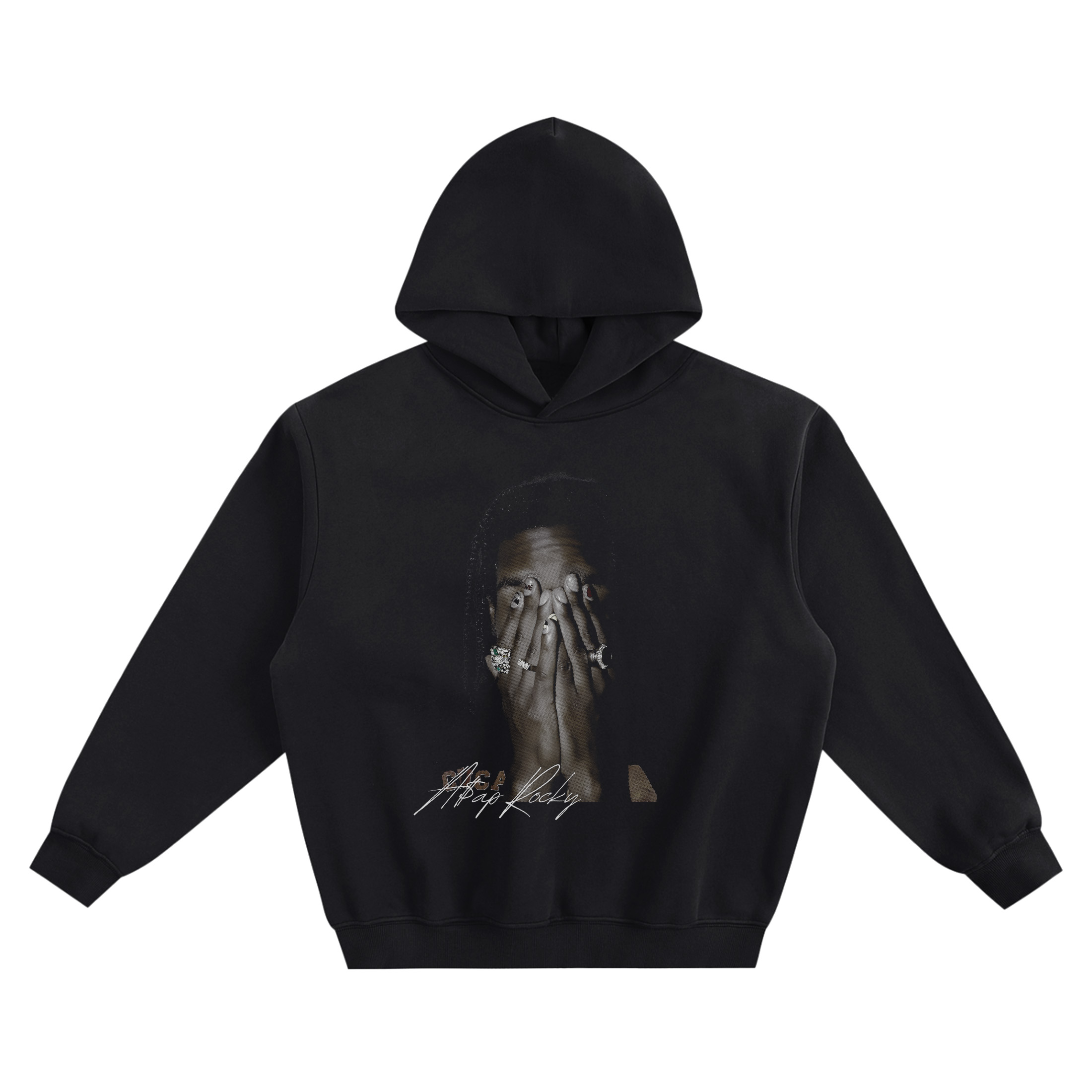 Front: ASAP Rocky Big Face Hoodie graphic showing a close-up portrait with braided hair, ringed hands covering the face, a red nail accent, and a large “ASAP Rocky” signature on a black hoodie.