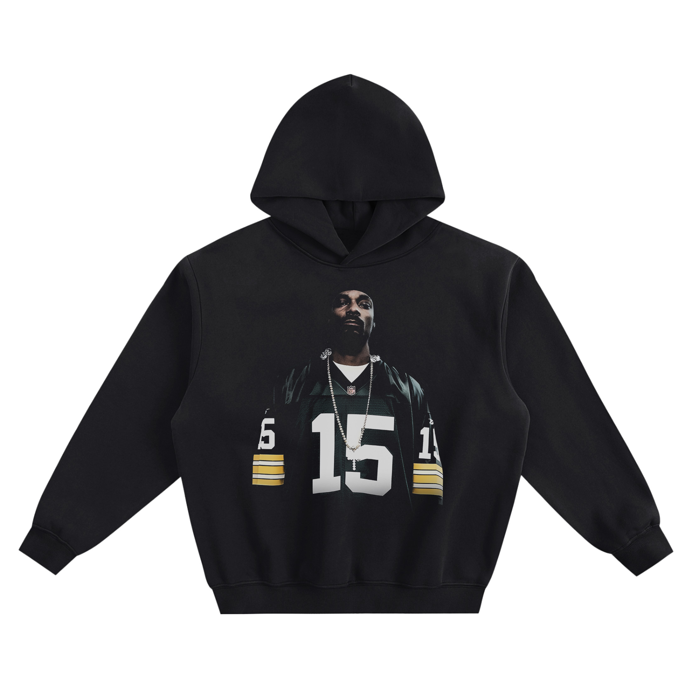 Snoop Dogg Big Face Hoodie graphic showing a centered portrait wearing a dark football jersey with a large white 15, yellow sleeve stripes, and a long chain necklace on a black hoodie.