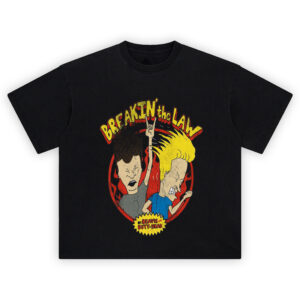 Beavis and Butt-Head Big Face Tee graphic showing “BREAKIN’ the LAW” text above Beavis and Butt-Head inside a red flame circle with the MTV Beavis and Butt-Head burst label on a black tee.