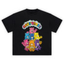 Care Bears Graphic Tee graphic showing an arched “CARE BEARS” rainbow cloud logo above a stacked group of colorful Care Bears with visible belly symbols on a black t-shirt.