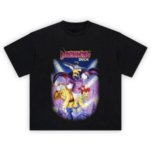 Darkwing Duck Graphic Tee graphic showing the “Darkwing Duck” title logo above Darkwing Duck in a purple cape and hat with two characters below over a night city backdrop.