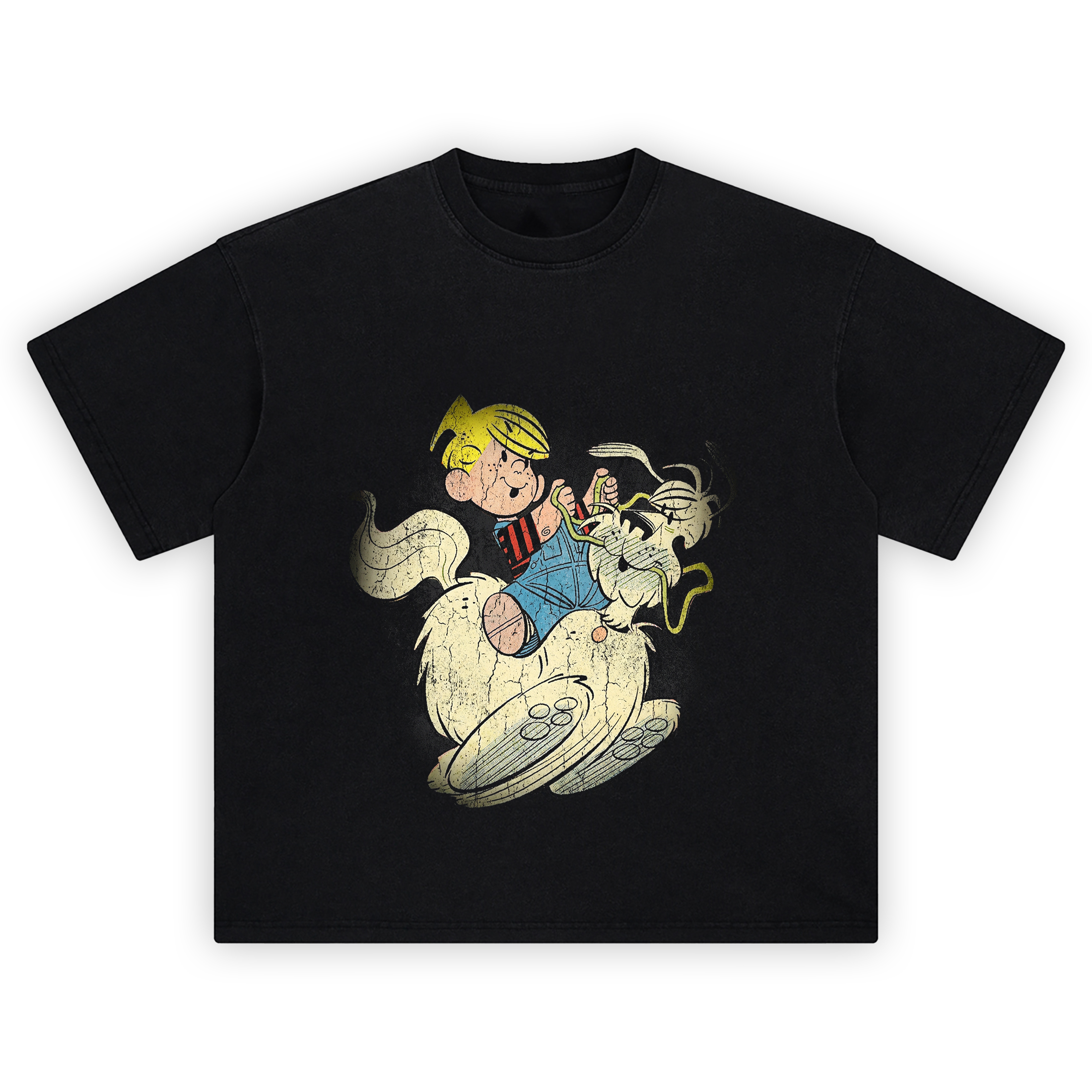 Dennis the Menace Graphic Tee graphic showing a blond kid in blue overalls and a red-and-black striped shirt riding a fluffy white dog in a cartoon tugging scene on a black tee.