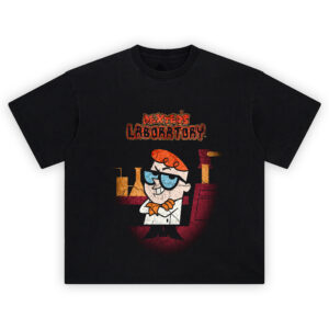 Dexter’s Laboratory Graphic Tee graphic showing the “DEXTER’S LABORATORY” title above Dexter with crossed arms, blue glasses, orange hair, and a lab backdrop on a black t-shirt.