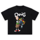 Doug Funnie Graphic Tee graphic showing the large “DOUG” logo above Doug with arms crossed, a cartoon crew lineup, skateboard scene, and a smiling gray dog on black.
