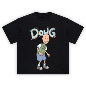 Doug Graphic Tee graphic showing the “DOUG” bubble-letter title above a full-body Doug character wearing a green “BEETS” vest, blue shorts, and sneakers on a black t-shirt.