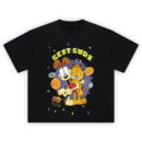 Garfield Graphic Tee graphic showing “BEST BUDS” text above Garfield and Odie hugging with a red heart, purple circle backdrop, and “HUG IT OUT” and “YAWN” speech bubbles.