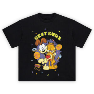 Garfield Graphic Tee graphic showing “BEST BUDS” text above Garfield and Odie hugging with a red heart, purple circle backdrop, and “HUG IT OUT” and “YAWN” speech bubbles.