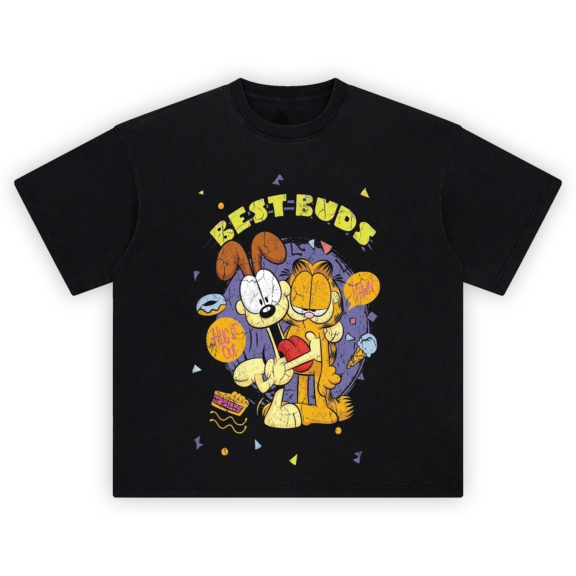 Garfield Graphic Tee graphic showing “BEST BUDS” text above Garfield and Odie hugging with a red heart, purple circle backdrop, and “HUG IT OUT” and “YAWN” speech bubbles.