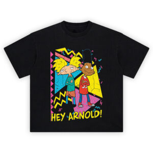 Hey Arnold Tee graphic showing Arnold and Gerald with arms crossed over a colorful 90s geometric background with yellow “HEY ARNOLD!” text on a black tee.