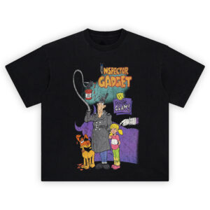 Inspector Gadget Graphic Tee graphic showing “Inspector Gadget” title above Inspector Gadget in a trench coat with a gadget arm, “VS Doctor Claw!” purple sign, dog and girl characters, and a red paint bucket detail.