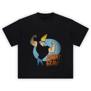 Johnny Bravo Graphic Tee graphic showing Johnny Bravo flexing both arms with blond hair and black sunglasses in front of a blue backdrop, with “JOHNNY BRAVO” orange text on a black tee.