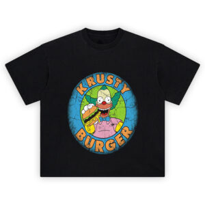 Krusty Burger Graphic Tee graphic showing a blue circle logo with orange “KRUSTY BURGER” text around Krusty smiling in a pink shirt and blue bow tie while holding a dripping cheeseburger on a black tee.
