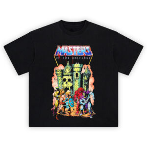 Masters of the Universe Graphic Tee graphic showing the “Masters of the Universe” logo above a skull-faced castle scene with fantasy characters in a battle standoff in the foreground.