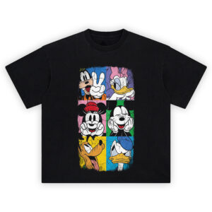 Mickey & Friends Graphic Tee graphic showing a 6-panel cartoon collage with Goofy peace sign, Daisy with pink bow, Minnie smiling, Mickey grinning, Pluto profile, and Donald in a blue cap on colored squares.