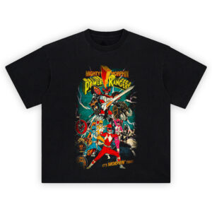 Mighty Morphin Power Rangers Graphic Tee graphic showing “MIGHTY MORPHIN POWER RANGERS” title above a sword-wielding robot, five rangers in red/blue/yellow/pink/black poses, lightning accents, icon badges, and “IT’S MORPHIN’ TIME!” text.