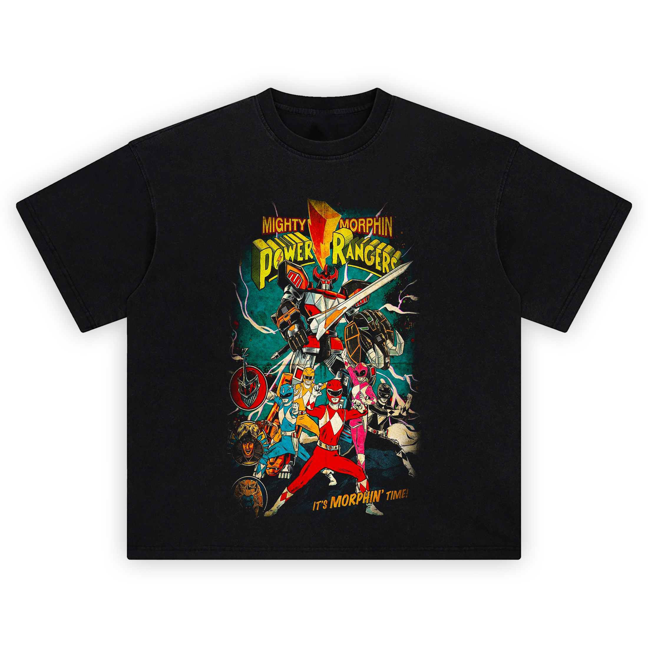 Mighty Morphin Power Rangers Graphic Tee graphic showing “MIGHTY MORPHIN POWER RANGERS” title above a sword-wielding robot, five rangers in red/blue/yellow/pink/black poses, lightning accents, icon badges, and “IT’S MORPHIN’ TIME!” text.