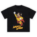 Mighty Mouse Graphic Tee graphic showing Mighty Mouse flying with one fist raised in a yellow suit with red cape and boots above “Mighty Mouse” title text on a black background.