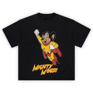 Mighty Mouse Graphic Tee graphic showing Mighty Mouse flying with one fist raised in a yellow suit with red cape and boots above “Mighty Mouse” title text on a black background.