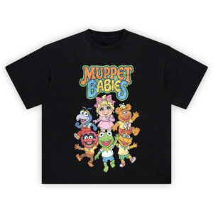 Muppet Babies Graphic Tee graphic showing the colorful “MUPPET BABIES” logo above a stacked lineup of Muppet Babies characters including a pink-bow pig, green frog, blue character in overalls, and other cartoon characters on a black t-shirt.