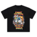 Pinky and the Brain Tee graphic showing “PINKY and THE BRAIN” text above Pinky and Brain in front of Earth with lightning and an explosion, plus “TAKE OVER THE WORLD!” on a black tee.