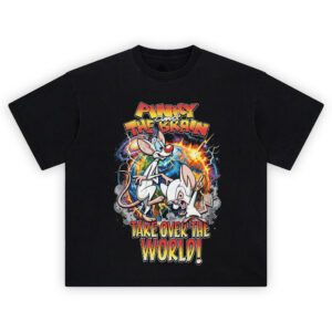 Pinky and the Brain Tee graphic showing “PINKY and THE BRAIN” text above Pinky and Brain in front of Earth with lightning and an explosion, plus “TAKE OVER THE WORLD!” on a black tee.