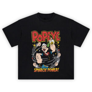 Popeye Tee graphic showing “POPEYE” text above Popeye spinning with flying fists, anchor icons, a tipped spinach can, and “SPINACH POWER!” lettering on a black tee.