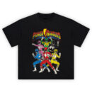 Power Rangers Graphic Tee graphic showing the arched “POWER RANGERS” title with a yellow lightning bolt above a stacked team pose of red, blue, yellow, pink, black, and green rangers on a black t-shirt.