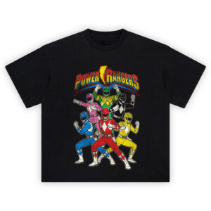 Power Rangers Graphic Tee graphic showing the arched “POWER RANGERS” title with a yellow lightning bolt above a stacked team pose of red, blue, yellow, pink, black, and green rangers on a black t-shirt.