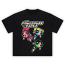 The Powerpuff Girls Graphic Tee graphic showing the “THE POWERPUFF GIRLS” logo above Blossom, Bubbles, and Buttercup flying in a diagonal trio formation on a black t-shirt.