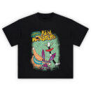 Aaahh Real Monsters Graphic Tee featuring “AAAHH!!! REAL MONSTERS” text above Krumm, Ickis, and Oblina on a distressed green vintage background.