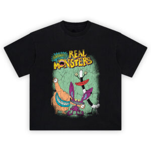 Aaahh Real Monsters Graphic Tee featuring “AAAHH!!! REAL MONSTERS” text above Krumm, Ickis, and Oblina on a distressed green vintage background.