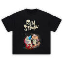 Ren and Stimpy Graphic Tee graphic showing large “REN and STIMPY” cracked logo lettering above a colorful cartoon duo scene with blue-nose character and exaggerated expressions on a black tee.