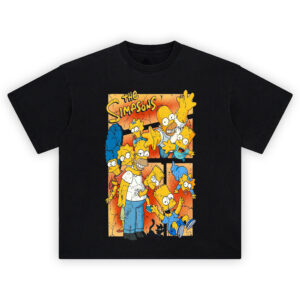 The Simpsons Graphic Tee graphic showing “The Simpsons” title above a collage panel layout with Homer, Marge, Lisa, Bart, Maggie, and a small black cat on an orange-and-black background.