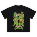Teenage Mutant Ninja Turtles Graphic Tee graphic showing all four turtles with blue, red, purple, and orange masks holding a pepperoni pizza and eating slices above the “Teenage Mutant Ninja Turtles” title.