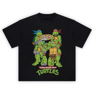 Teenage Mutant Ninja Turtles Graphic Tee graphic showing all four turtles with blue, red, purple, and orange masks holding a pepperoni pizza and eating slices above the “Teenage Mutant Ninja Turtles” title.