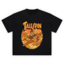 TaleSpin Graphic Tee graphic showing the large “TALESPIN” title above Baloo piloting an airplane with Kit Cloudkicker riding behind him through clouds with adventure ruins in the background on a black t-shirt.