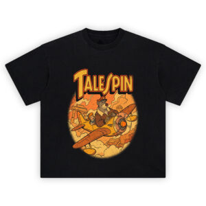 TaleSpin Graphic Tee graphic showing the large “TALESPIN” title above Baloo piloting an airplane with Kit Cloudkicker riding behind him through clouds with adventure ruins in the background on a black t-shirt.