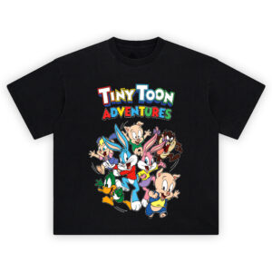 Tiny Toon Adventures Graphic Tee graphic showing the “TINY TOON ADVENTURES” colorful logo above a running group of classic cartoon characters including a blue rabbit, pink rabbit with bow, green duck, and two pig characters on a black t-shirt.