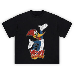 Woody Woodpecker Graphic Tee graphic showing Woody Woodpecker running with a red crest, long yellow beak, blue body, white gloves and shoes above the “Woody Woodpecker” logo text.