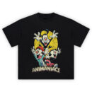 Animaniacs Graphic Tee graphic showing the trio reaching forward in front of a speckled yellow circle with the “ANIMANIACS” logo text at the bottom on a black tee.