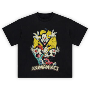 Animaniacs Graphic Tee graphic showing the trio reaching forward in front of a speckled yellow circle with the “ANIMANIACS” logo text at the bottom on a black tee.