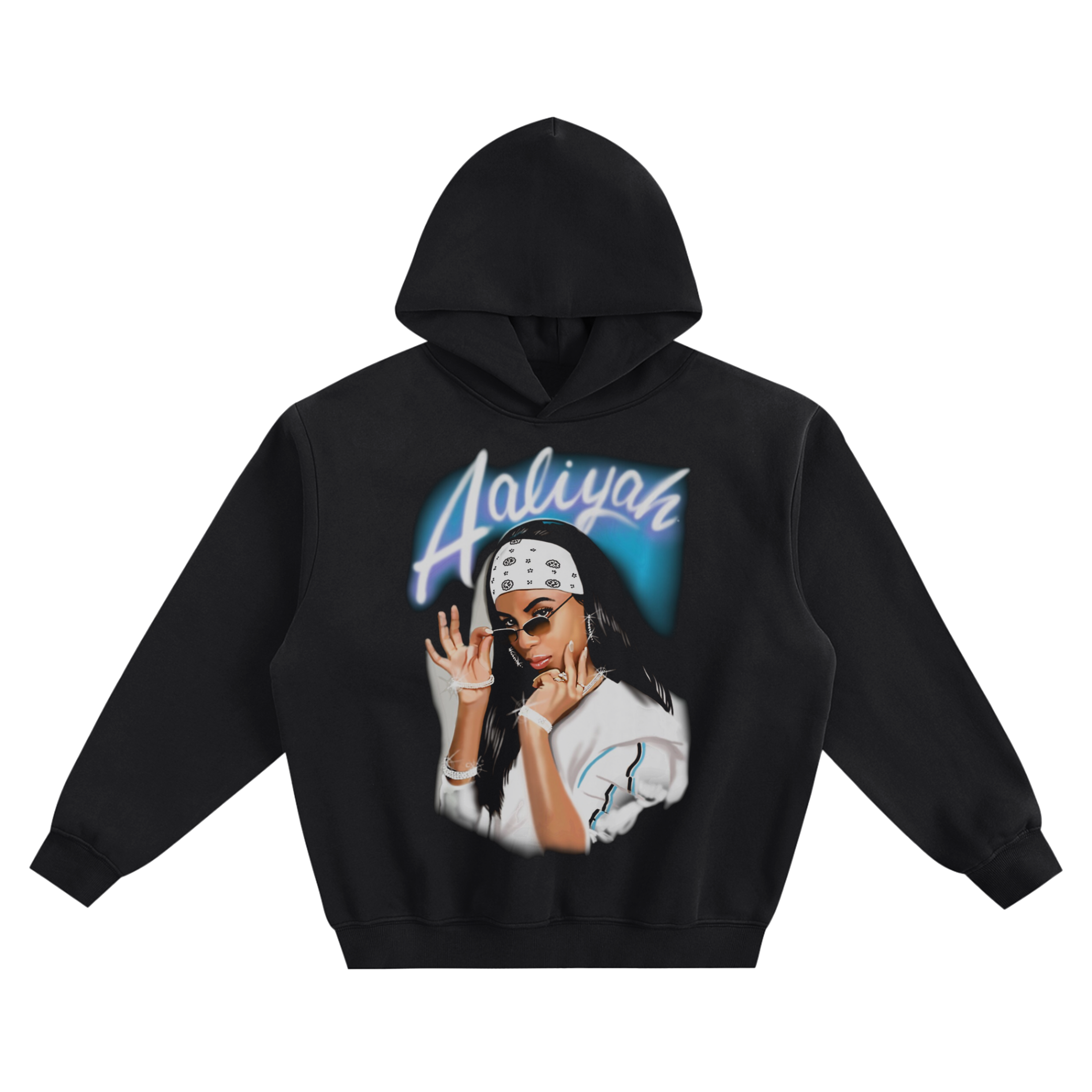 Aaliyah Graphic Hoodie featuring a bandana portrait, raised-hand pose, and signature script.
