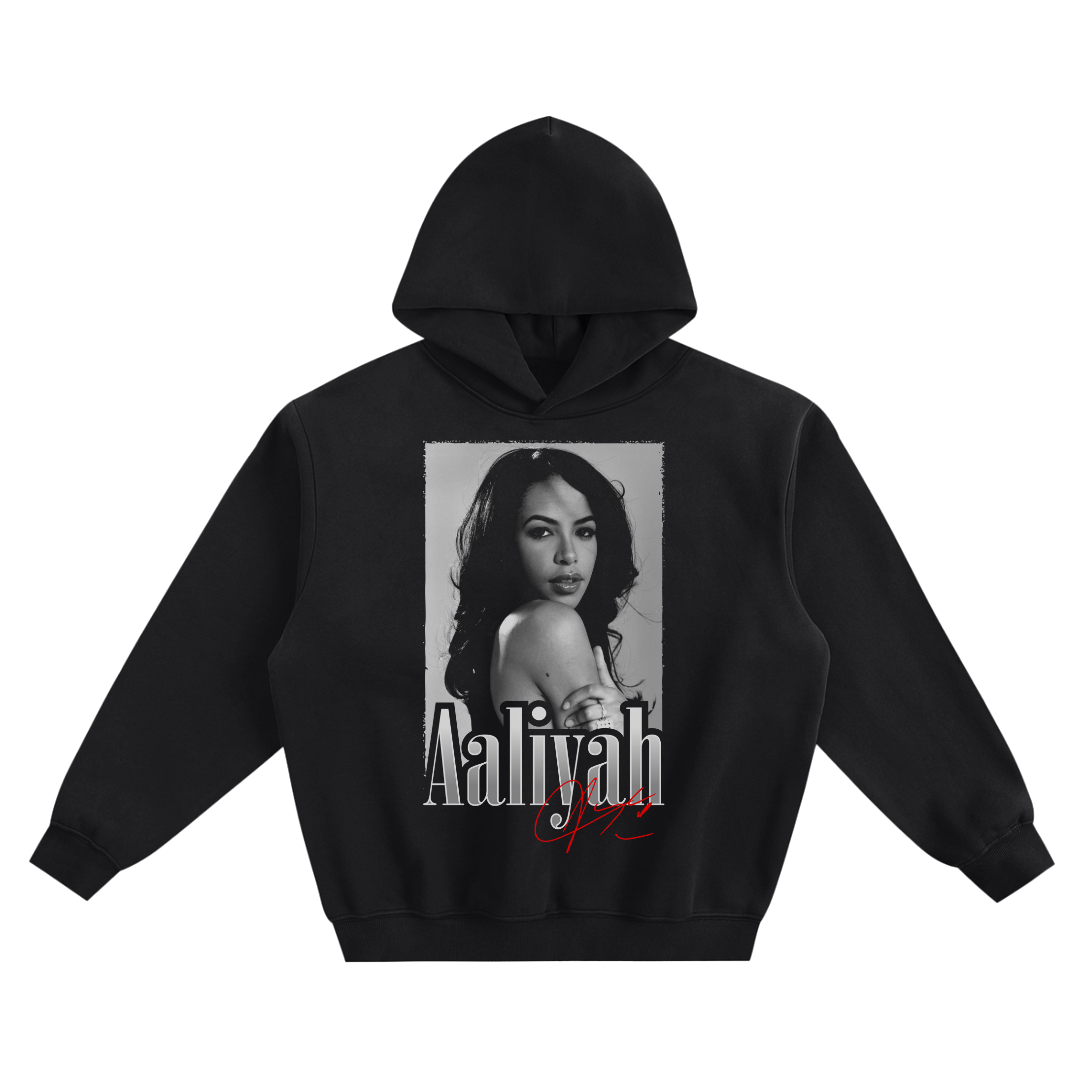 Aaliyah Signature Portrait Graphic Hoodie featuring a framed portrait of Aaliyah with her name and signature beneath it.