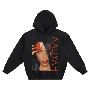 Aaliyah Vertical Name Graphic Hoodie featuring a close-up portrait, her name printed vertically, and a signature.