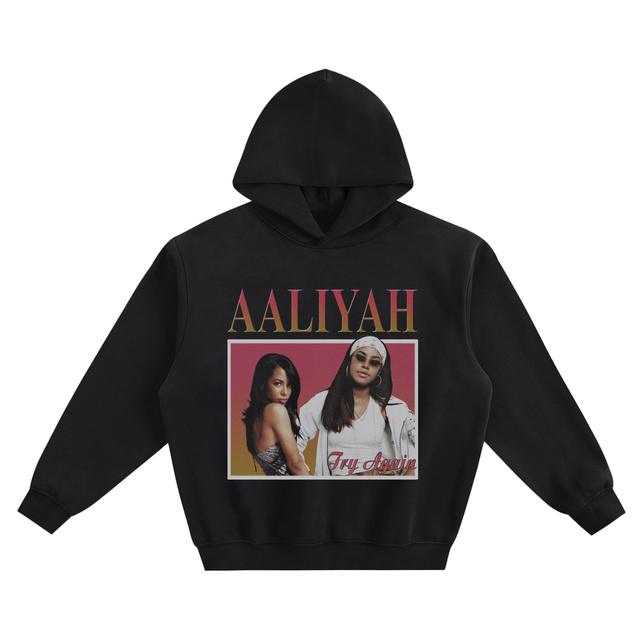 Aaliyah Try Again Graphic Hoodie featuring two Aaliyah portraits, her name above the image, and “Try Again” script below.