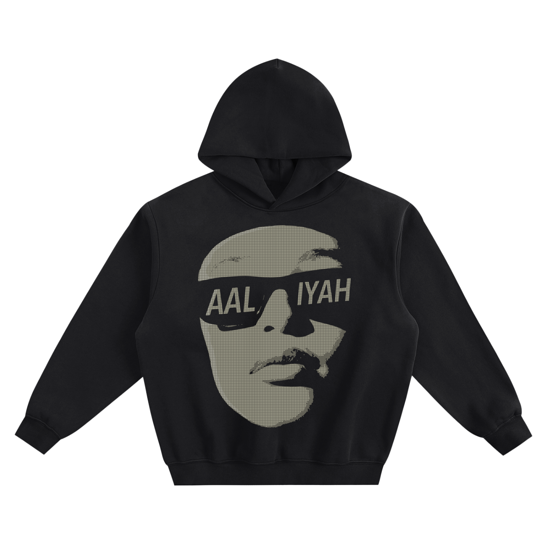 Aaliyah Big Face Graphic Hoodie featuring a large stylized close-up portrait with her name across the image.