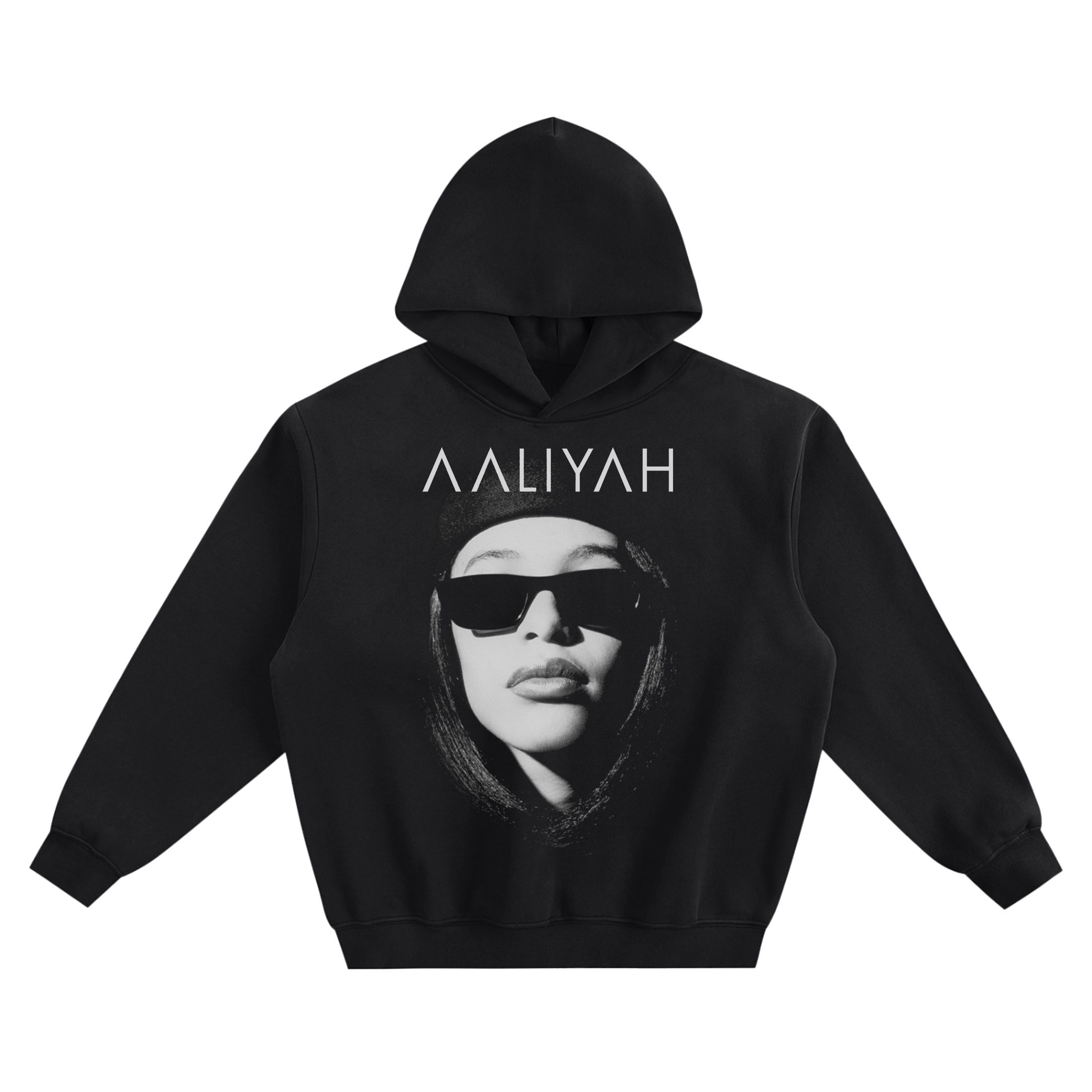 Aaliyah Sunglasses Graphic Hoodie featuring a close-up portrait of Aaliyah wearing sunglasses, with her name above the image.