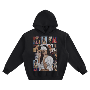 Aaliyah Photo Collage Graphic Hoodie featuring a central Aaliyah portrait surrounded by smaller photos and a signature.